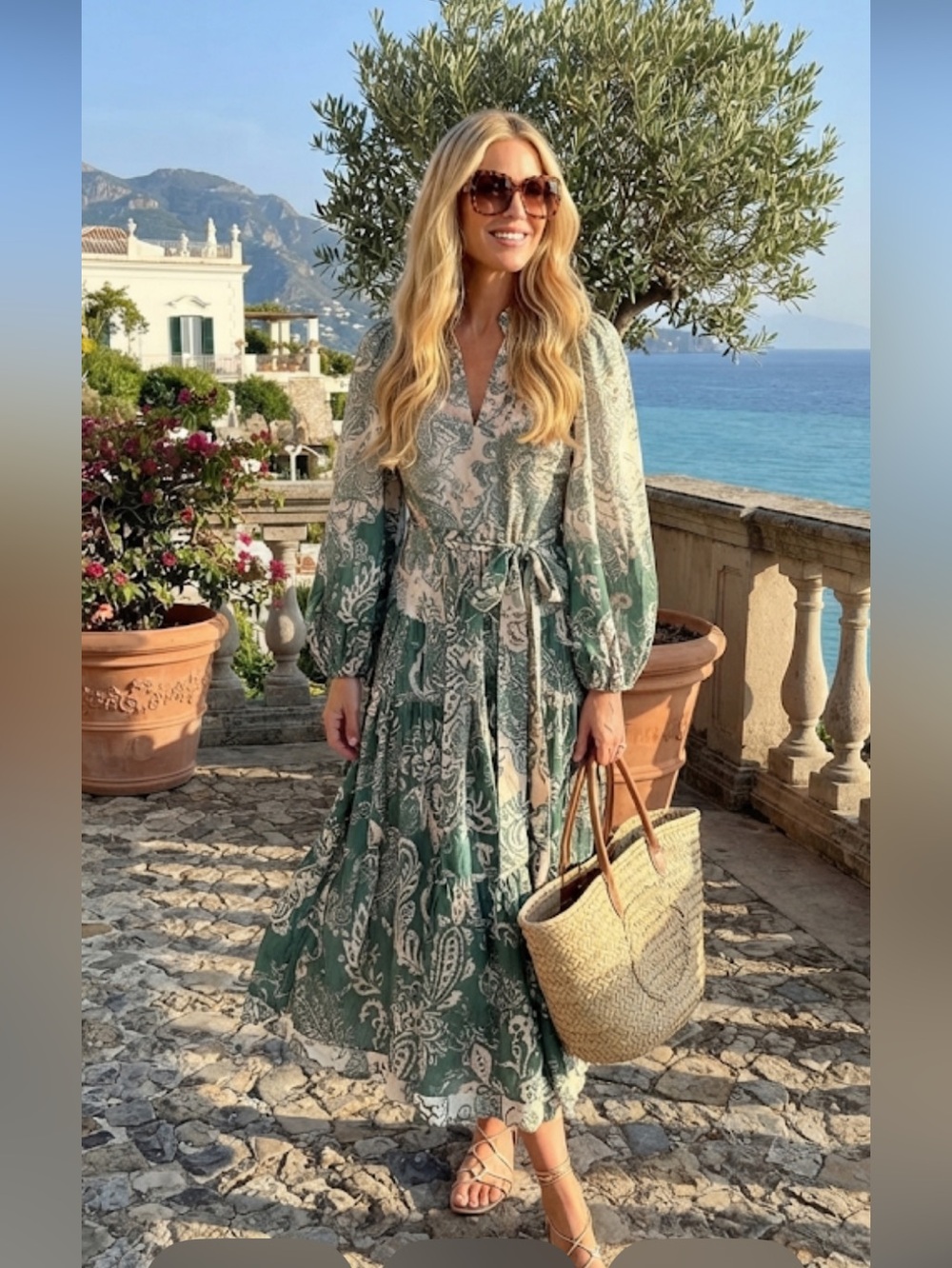 New Women's Green Paisley Maxi Dress with Long Sleeves one size - Picture 3 of 15